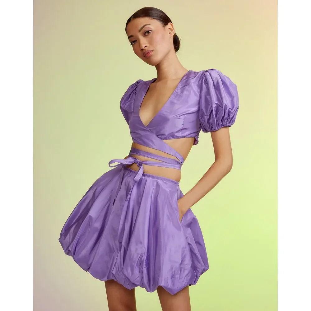 Cynthia Rowley Luna Taffeta Smocked Wrap Tie Top & Bubble Skirt in Purple